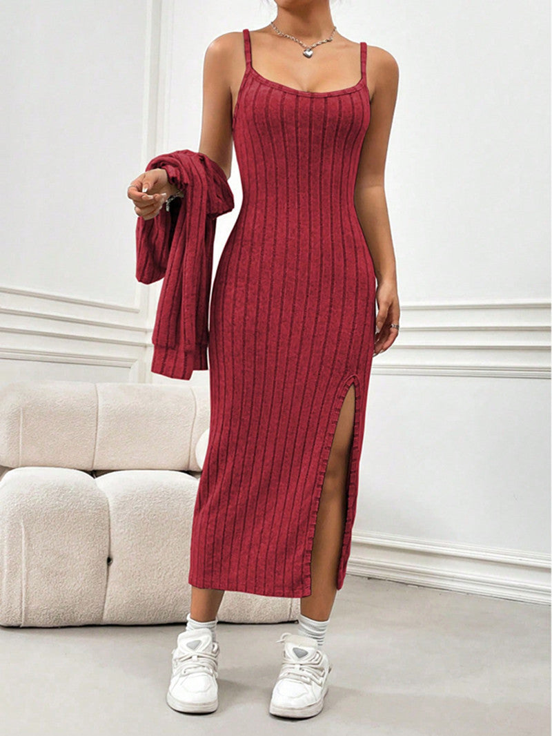 Dame Ribbstrik Bodycon Maxikjole med side split Stilla