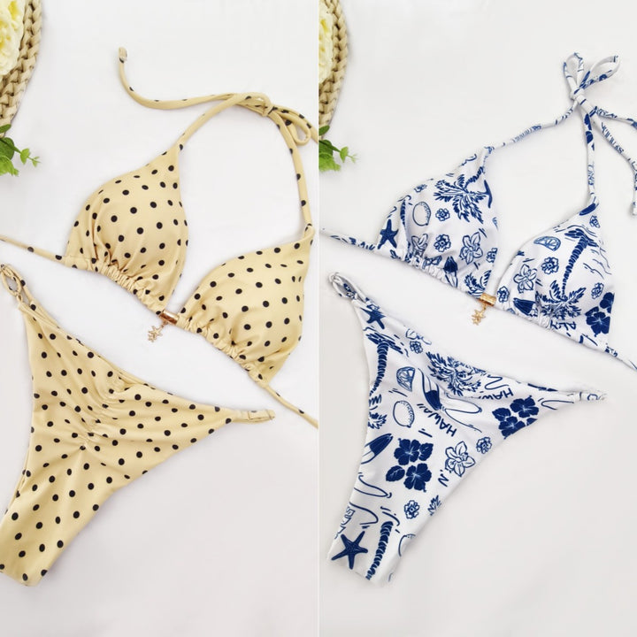 Dame Bikini-sæt med raffineret polka-dot design og justerbar halterneck Skovae