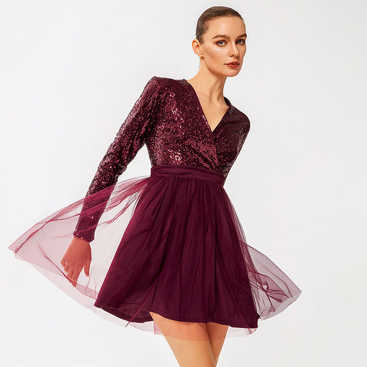 Dame Glitrende Wrap Kjole med dyb V-Udsnit og Tulle Skirt Stilla