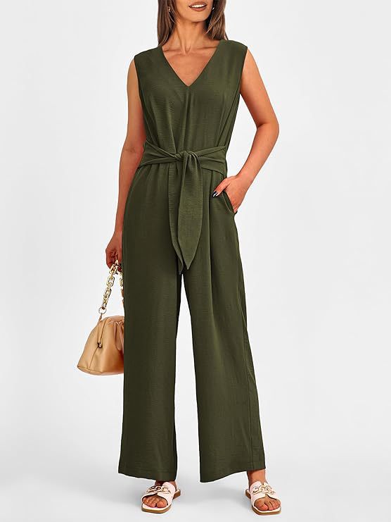 Dame Elegant Jumpsuit med Taljebælte og V-Udskæring Stilla