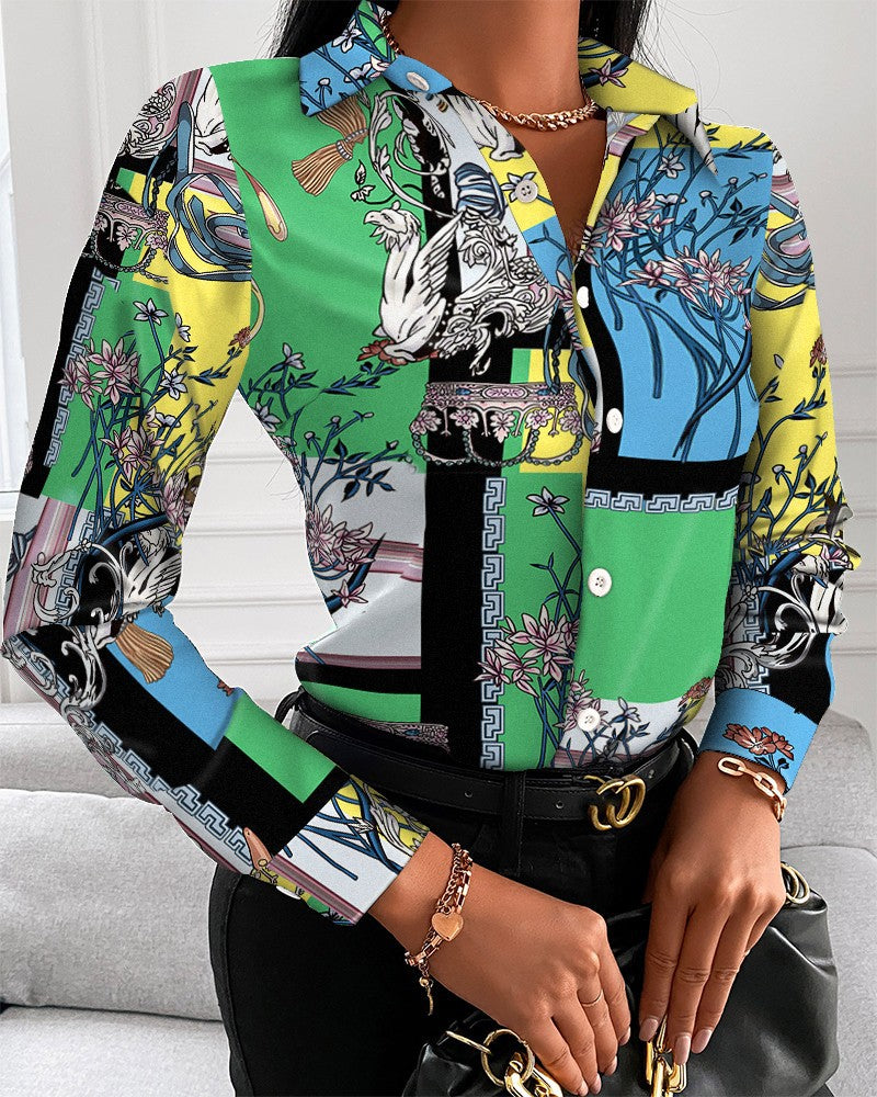 Dame Elegant Bluse med kunstnerisk tryk og fine detaljer Stilla