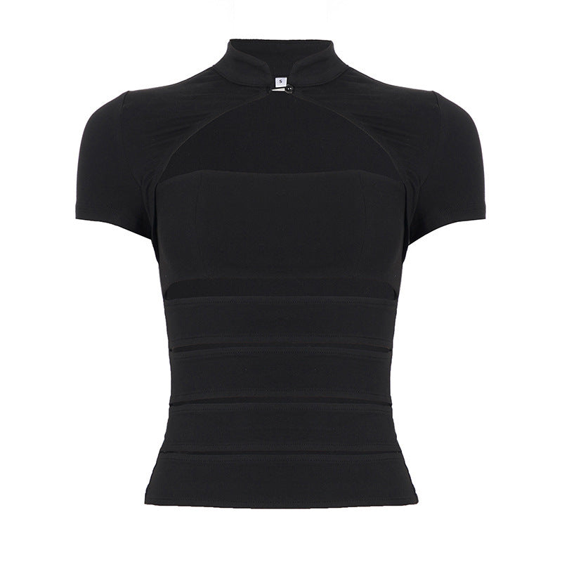 Dame Cropped Blusenshirt lavet af slidstærkt strækmateriale med elegant ståkrave Skovae