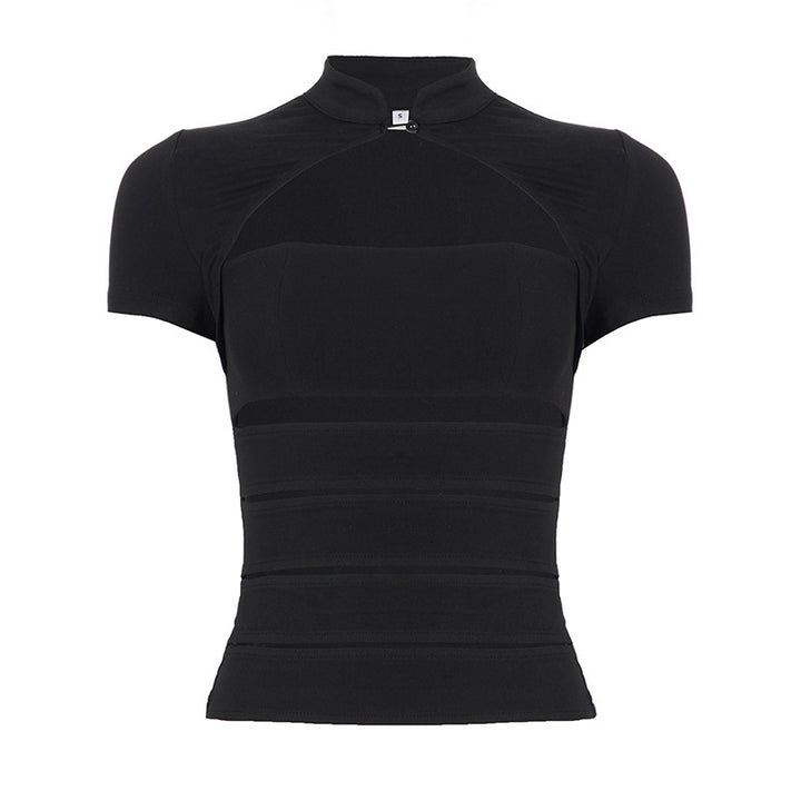 Dame Cropped Blusenshirt lavet af slidstærkt strækmateriale med elegant ståkrave Skovae