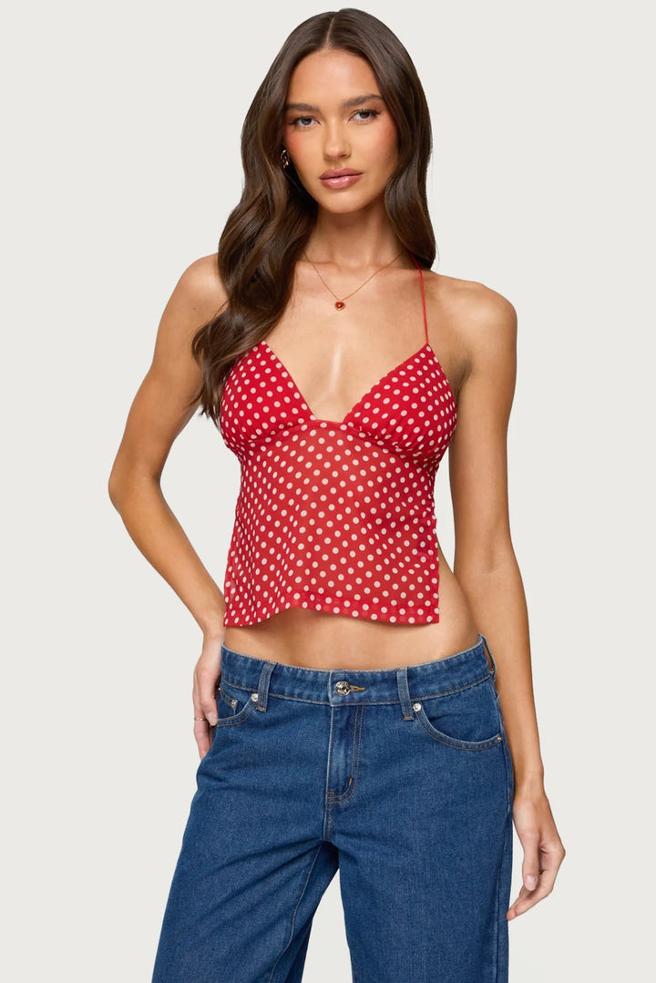 Dame polka dot top med sarte stropper og figursyet snit Skovae