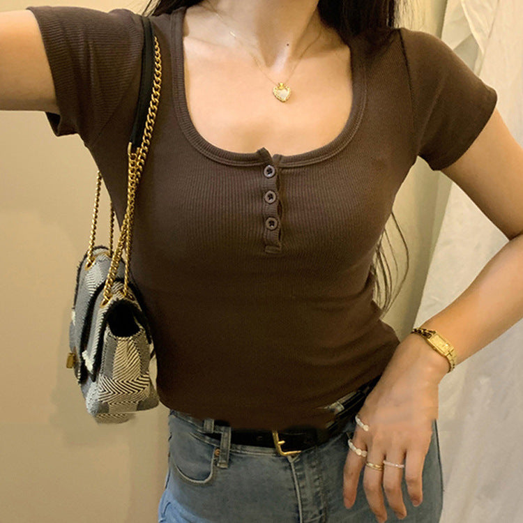 Femme Kortærmet Rib-Henley-Top Stilla