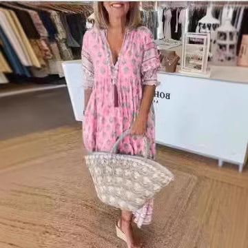 Dame Maxikjole med floralprint og stilfulde knapdetaljer Stilla