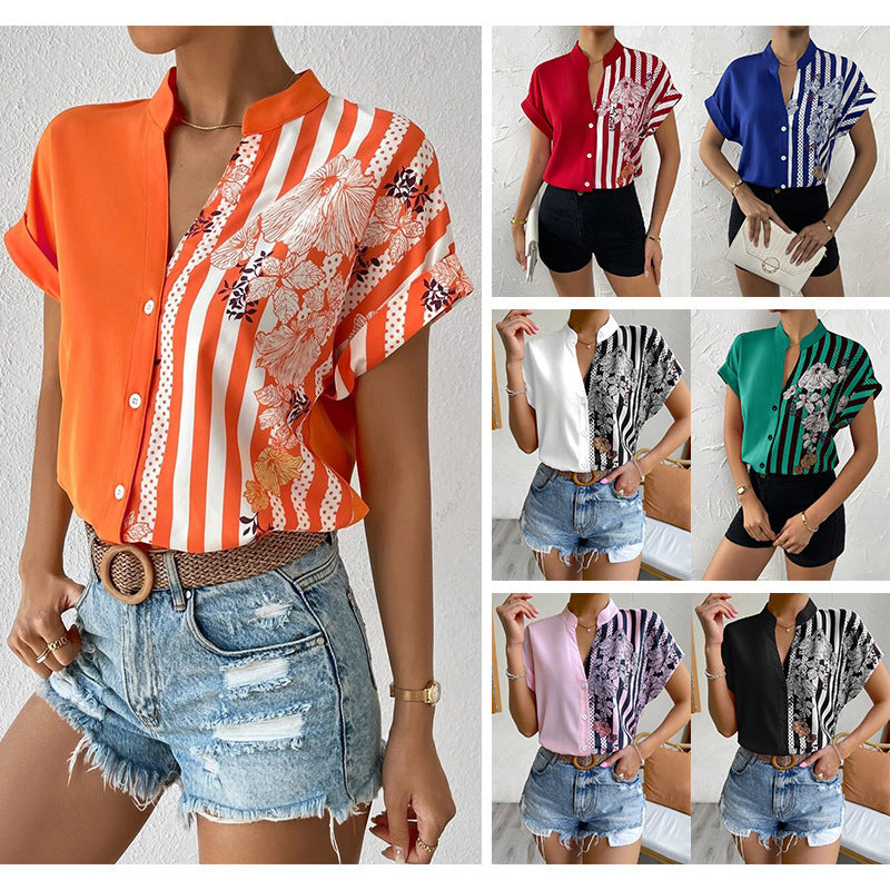Dame stilfuld Button-Up-bluse med blomstertryk-patchwork Stilla