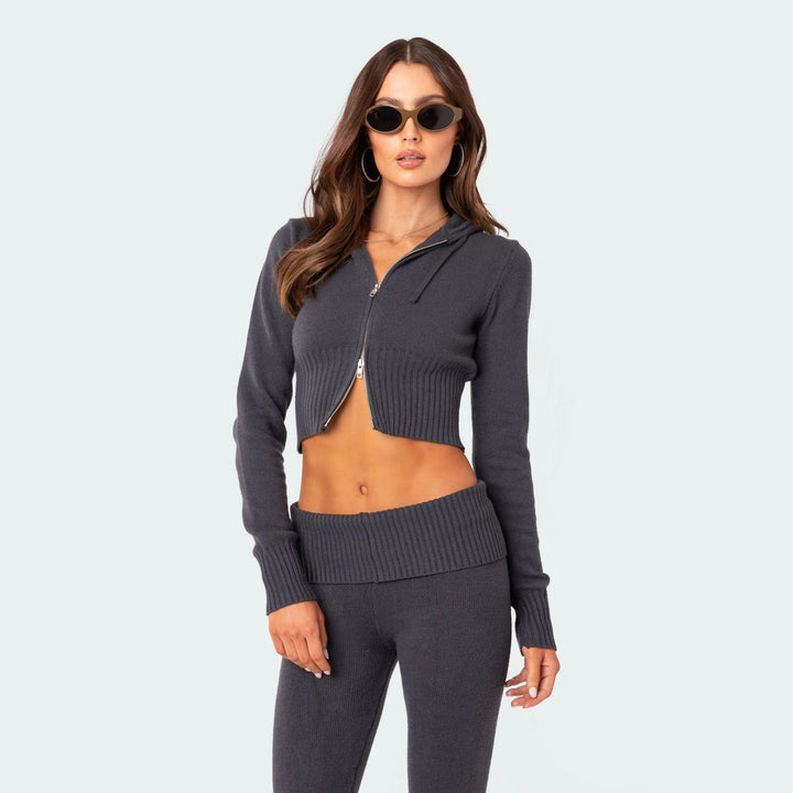 Damer fashion cropped strik sæt med flared bukser Stilla