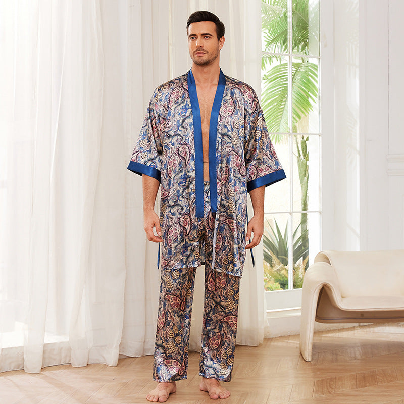 Herrer satin pyjamasæt med kunstnerisk barok mønster og tætsiddende bælte Stilla