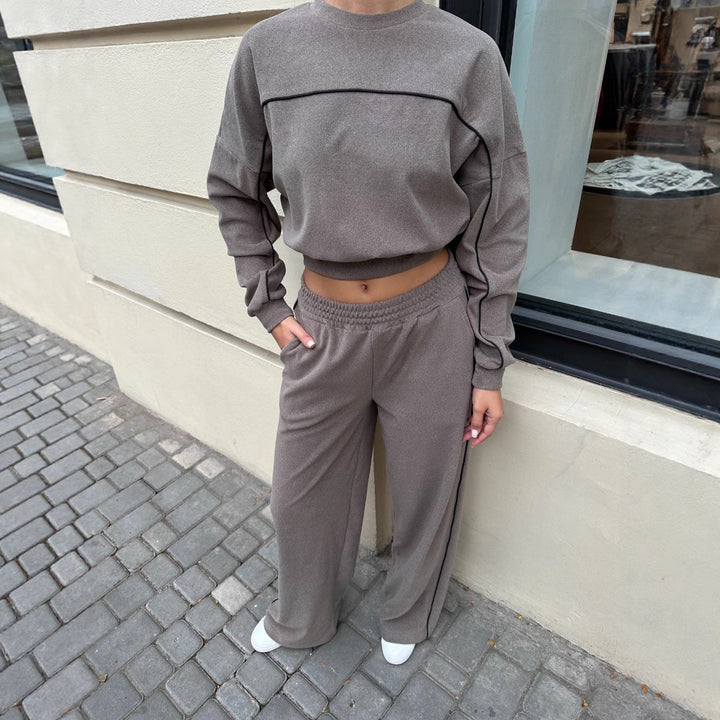 Kvinders sporty top og bukser sæt med elastisk liv og kontrast syninger