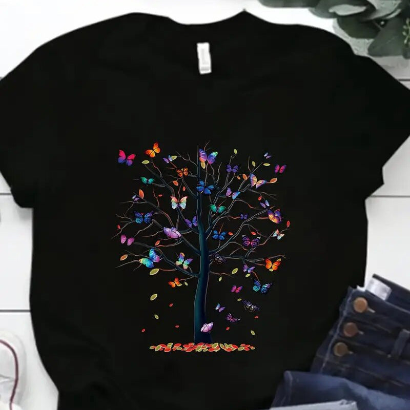 Dame T-shirt med livlig træ- og sommerfugletryk Stilla