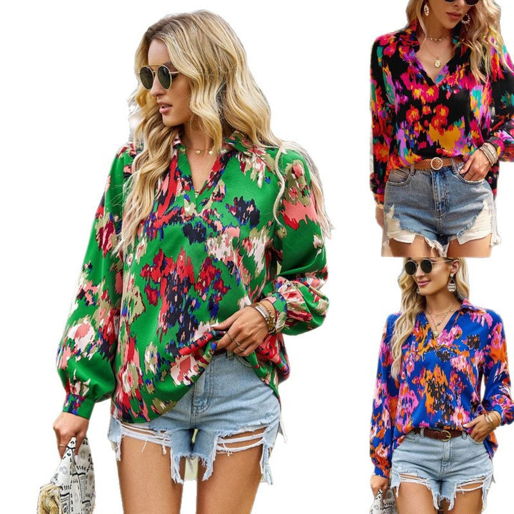 Dame Vibrant Trykt Bluse med Ballonærmer Stilla