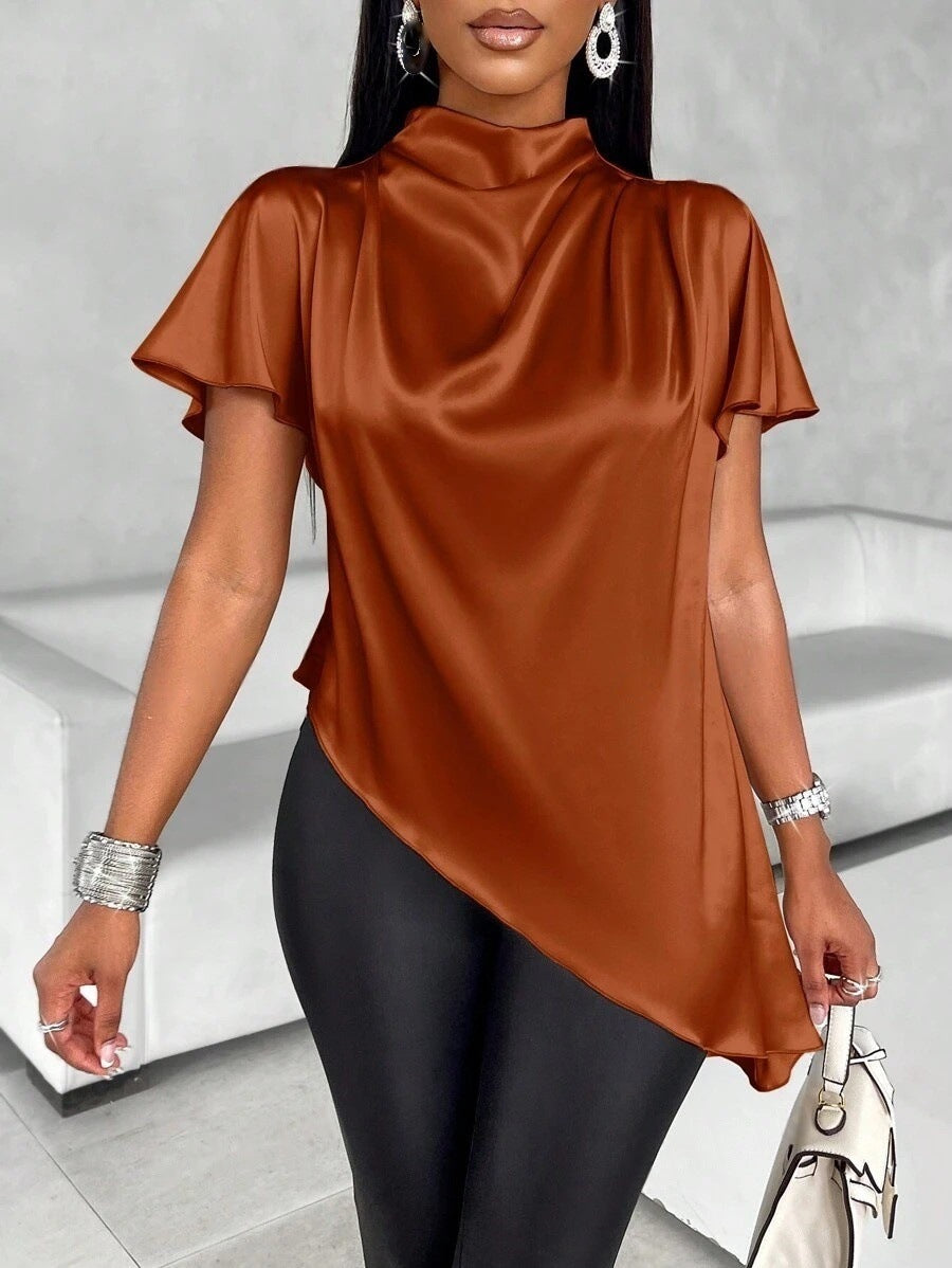 Dame asymmetrisk satin top med elegante puffy ærmer Stilla