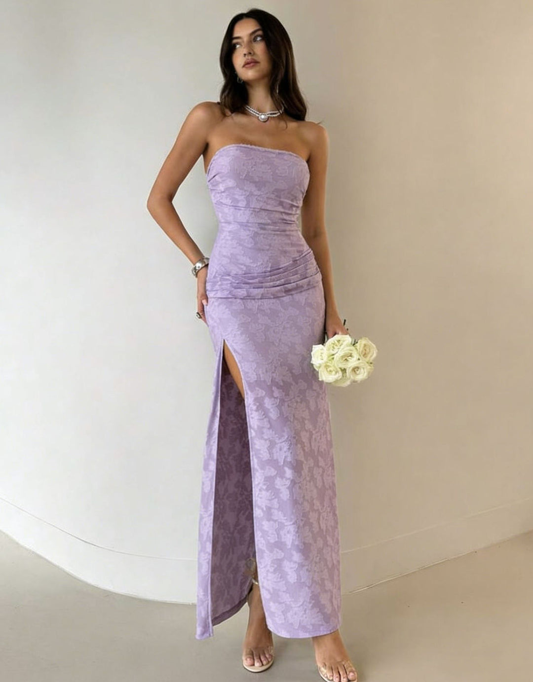 Dame Elegant Maxikjole med blomsterdesign og høj udsnit Skovae