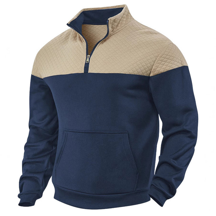 Herren nan quilted skulderpas halvzip sweater med kenguruhåpning og ståkrave Skovae