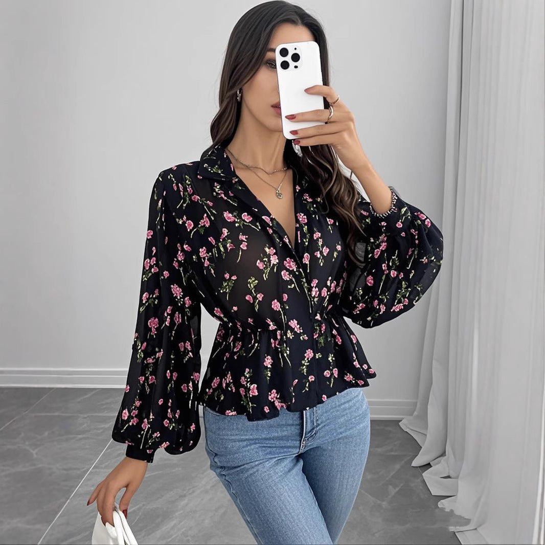 Dame blomsterprintet bluse med puffærmer Stilla
