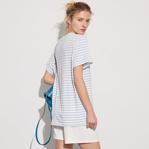 Damer casual stribet oversized T-shirt i blødt bomuld med rund halsudskæring Stilla