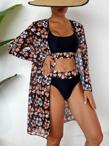 Dame Sommer Sæt med floral Kimono, sporty Bikini-top og Shorts Stilla