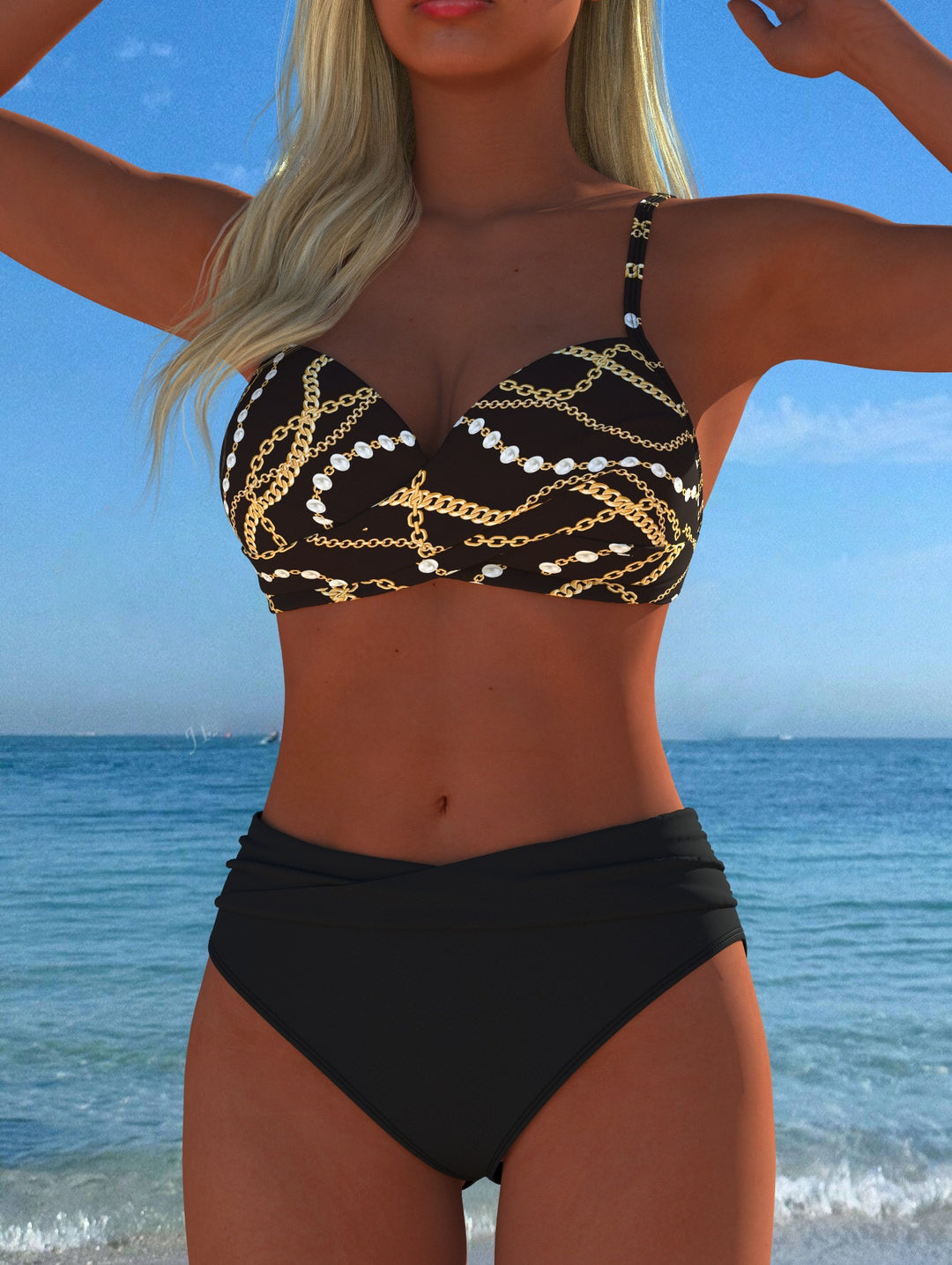 Dame bikini-sæt med elegant kædemotiv og komfortabel pasform Skovae