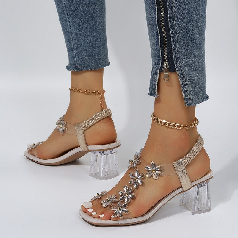 Dame sandaler med floralt design og komfortabel gennemsigtig blokhæl Stilla