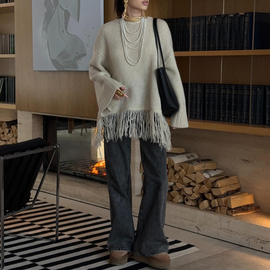 Kvindes Fashionable Strikket Sweater med Frynser Stilla
