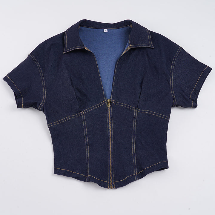 Dame Kortærmet Denim-Jakke med delt lynlås og moderne snit Skovae
