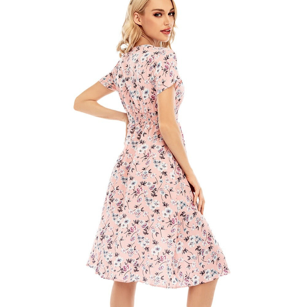 Dame langærmet kjole med blomstret design og elastisk taljebånd Stilla