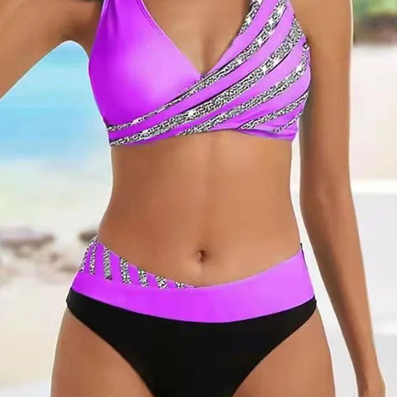 Dame bikinisæt med asymmetrisk snit og trendy striber Stilla