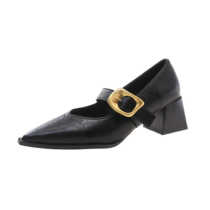 Dame Elegant Spids-ternet Hæl Mary Jane Pumps med Dekorativ Spænde Stilla