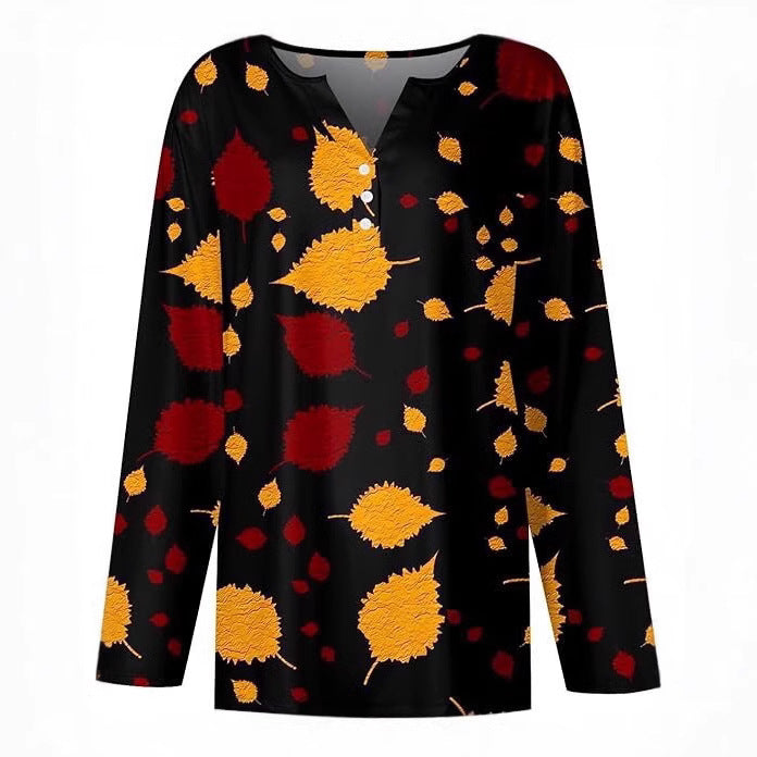 Dame V-hals bluse med farverig bladtryk Stilla