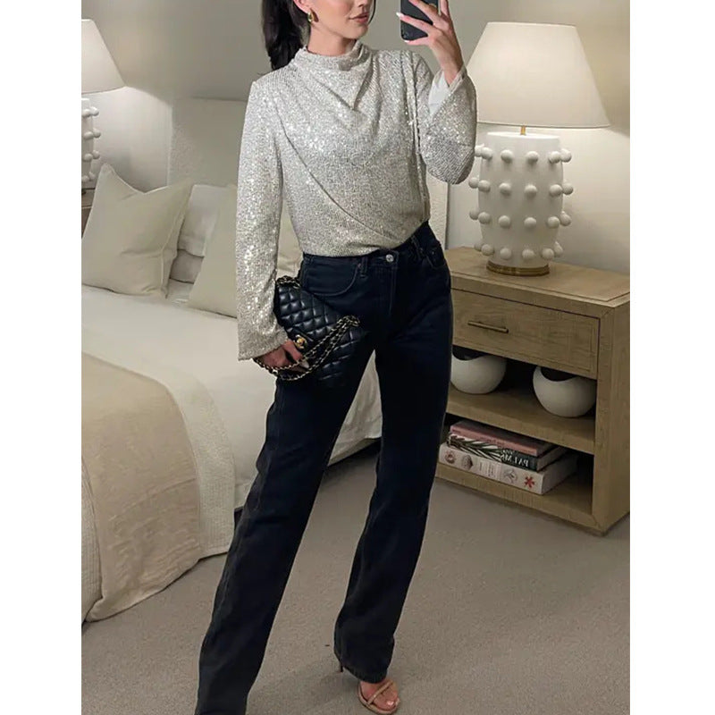 Dame skinnende pailletbluse med bred pasform Stilla