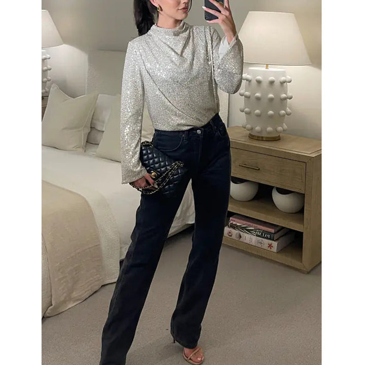 Dame skinnende pailletbluse med bred pasform Stilla
