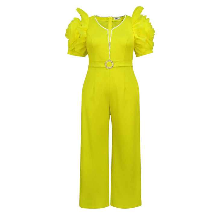 Dame elegant jumpsuit med voluminøse puffærmer og perleaccent Skovae