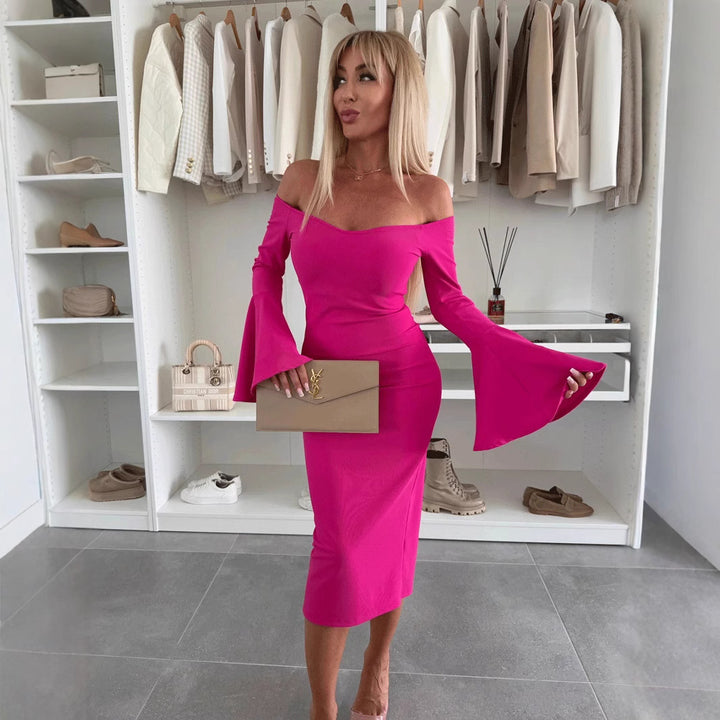 Dame Off-Shoulder Midi-Kjole med Trompetærmer Stilla