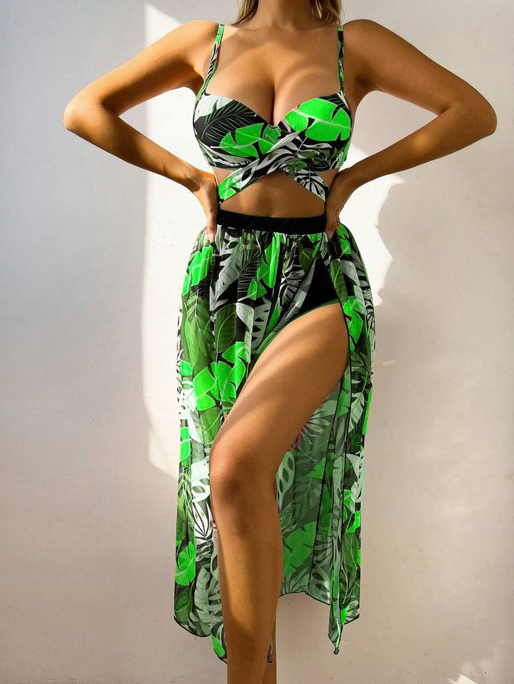 Damer To-delt Tropical Print Badetøjs-sæt med gennemsigtig Cover-Up Stilla