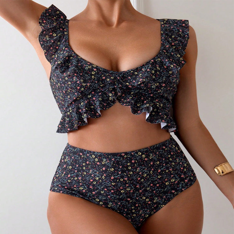 Dame Bikini-sæt med glad flæsedesign og høj taljet bukser Stilla
