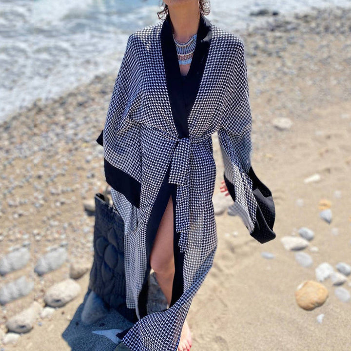 Dame Strandfrakke med elegant snit og moderne houndstooth mønster Stilla