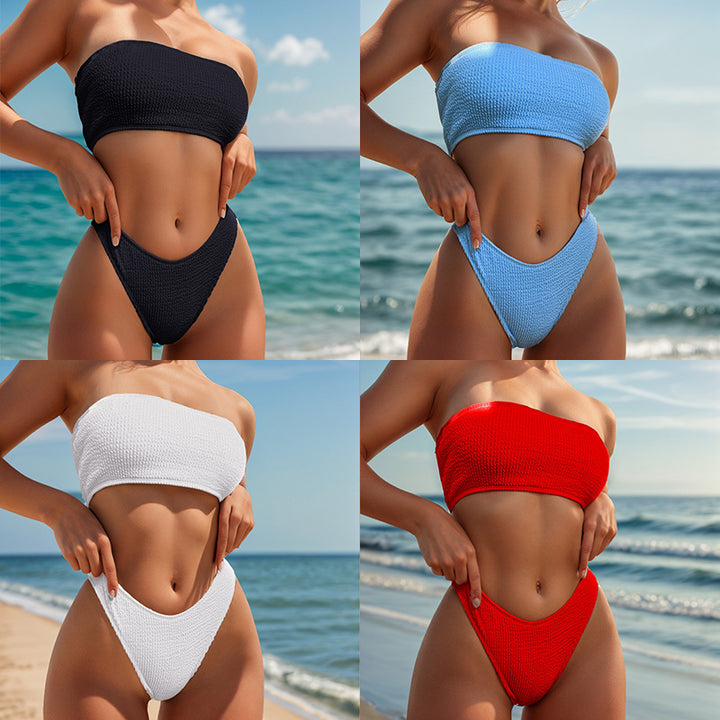 Dame Bandeau-Bikini-sæt med højt benudskæring og glat stof Stilla