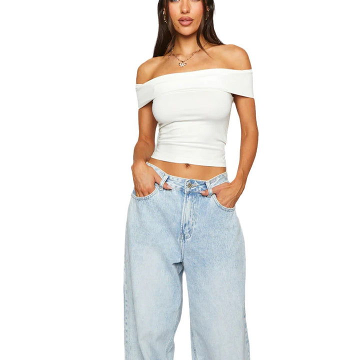 Dame Off-Shoulder Crop-Top i elastisk materiale med figursyet design Skovae