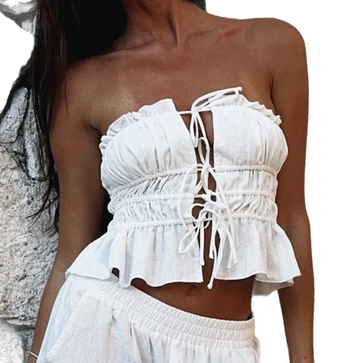 Dame Cropped Top med flæseafskåret kant og sexy snøring Skovae