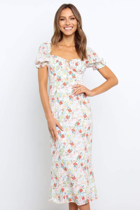 Dame Floral Midi Kjole med Puffærmedetalje Stilla