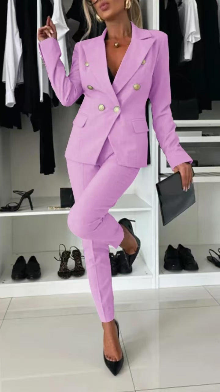 Dame elegant blazer-dragt-sæt med dobbeltradet blazer og smalt skårne bukser Stilla