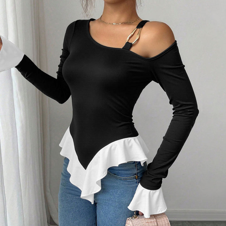 Kvindernes Off-Shoulder Top med fashionable flæse og dekorativ båndelement Stilla