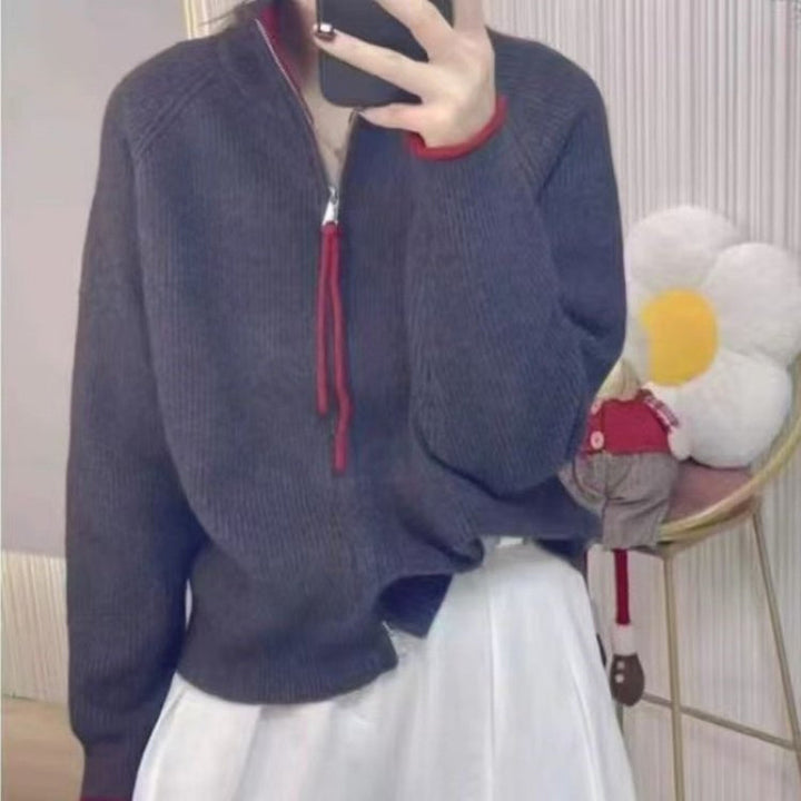 Kvinders strikket sweater med høj krave og lynlås Stilla