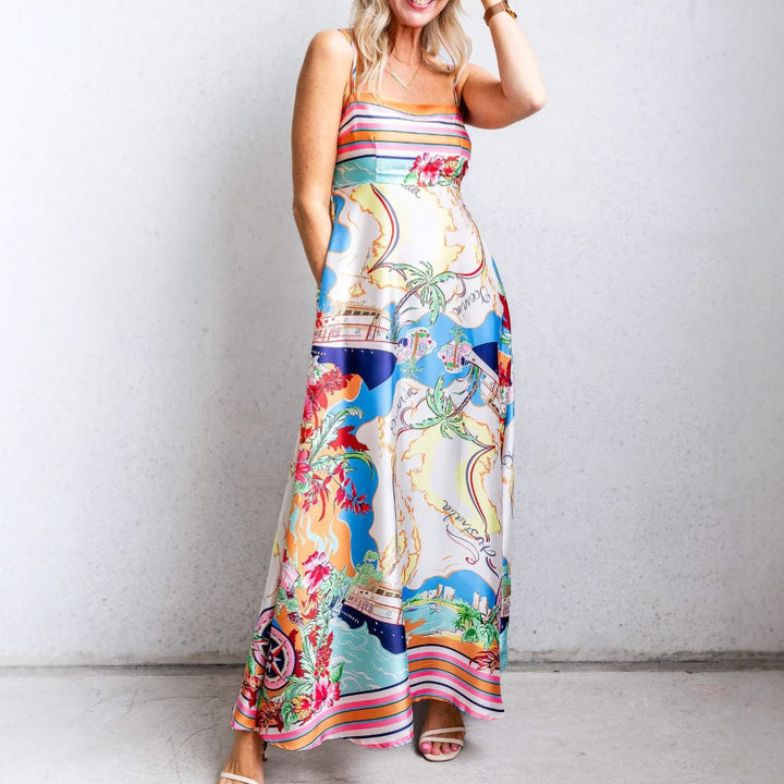 Dame Maxi-kjole med livligt multicolor-print og smalle stropper Stilla