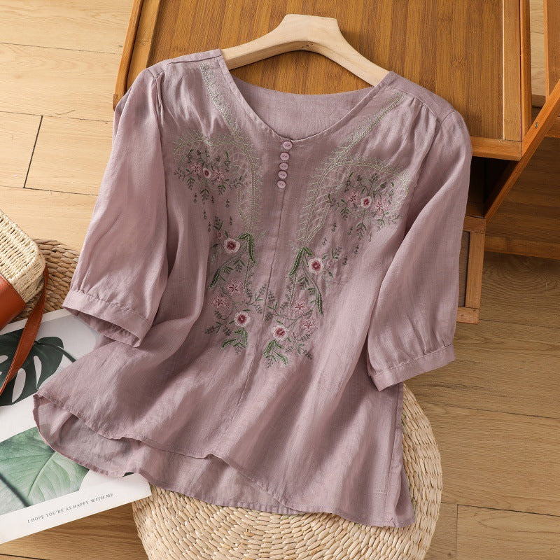 Dame bluse shirt med blomsterbroderi og knapbart udkant Stilla