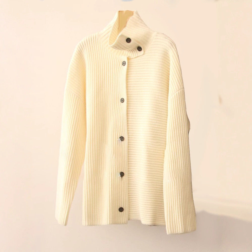 Kvinders chunky strikket cardigan med høj krave og knaplukning Stilla