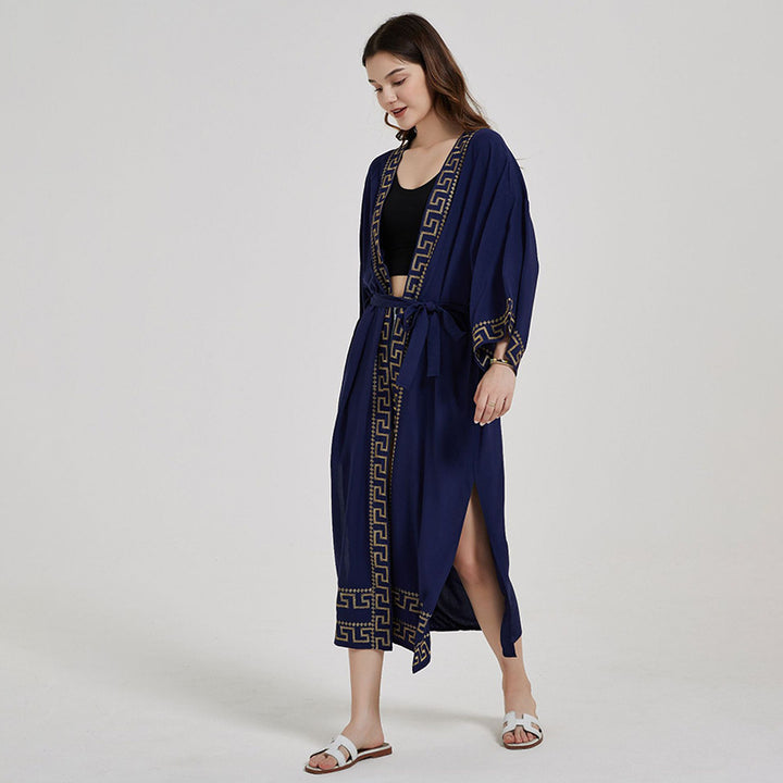 Dame lang Kaftan med elegant bælte og kunstnerisk mønster Stilla