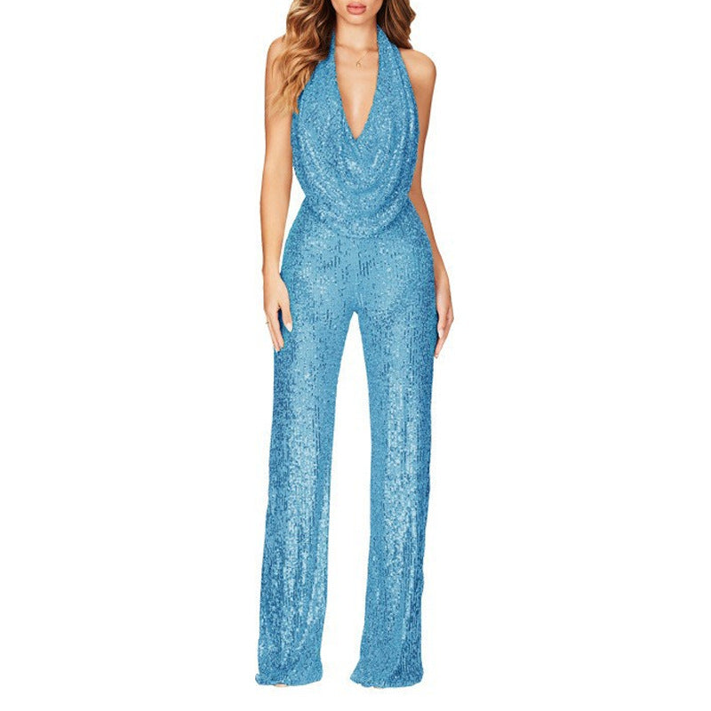 Dame Glitrende Jumpsuit med dyb V-udskæring og bredt ben Stilla