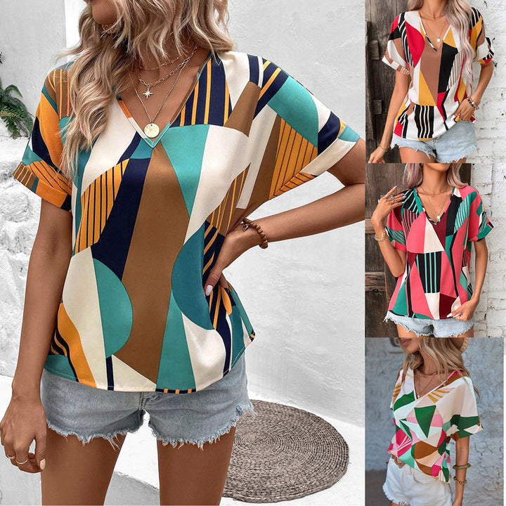 Dame Geometrisk Print V-Hals Top Stilla